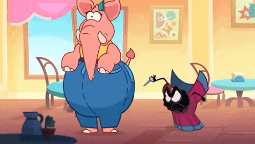 a cartoon elephant and a cat are standing in a room with tables and chairs