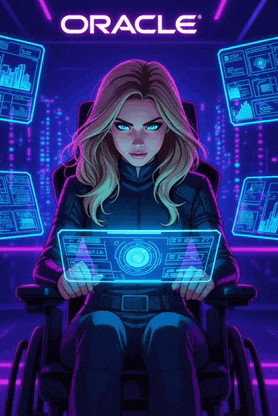 a woman in a wheelchair is sitting in front of a screen with oracle written on it