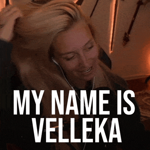 a woman with headphones and the words my name is velleka
