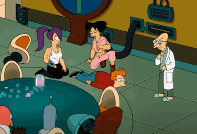 a group of cartoon characters are gathered around a table with a man laying on the floor