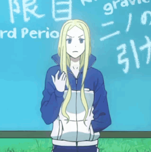 a girl in a blue jacket stands in front of a blue board that says third period