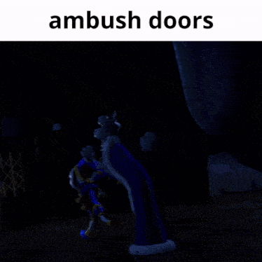 a cartoon character standing in a dark room with the words " ambush doors " on the bottom