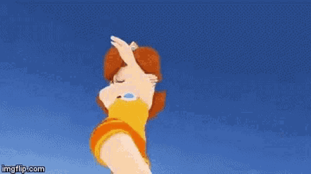a cartoon character is flying through the air in a blue sky .