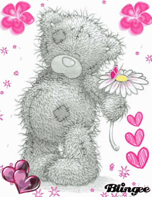 a drawing of a teddy bear holding a flower surrounded by pink hearts and flowers