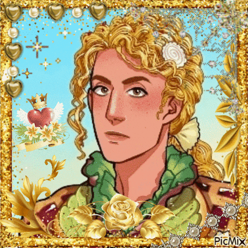 a cartoon of a man with a crown on his head is surrounded by gold flowers and hearts