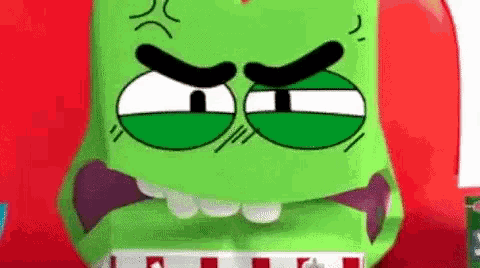 a close up of a cartoon character 's face with an angry look on it .