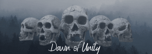 a row of skulls with the words dawn of unity on the bottom