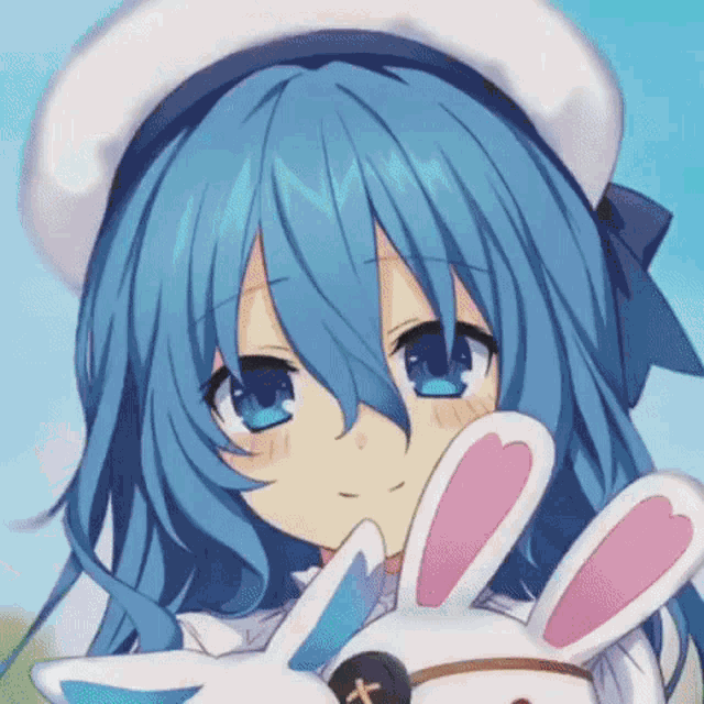 a girl with blue hair and blue eyes is holding a stuffed rabbit .