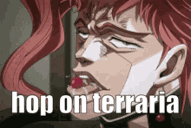 a cartoon character with a cherry in his mouth says hop on terraria