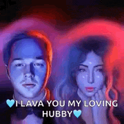 a man and a woman are standing next to each other and the man is saying `` i love you my loving hubby '' .