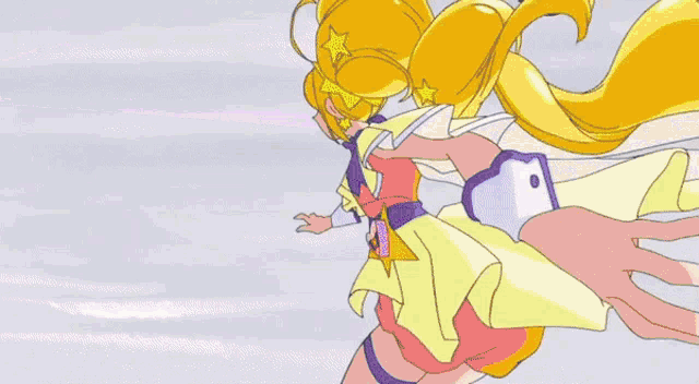 a cartoon character is flying through the air with a star in her hand while a monster is flying in the background .