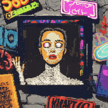 a painting of a woman surrounded by neon signs one of which says ' doo '