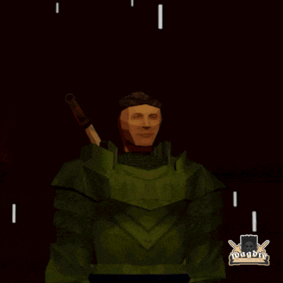 a man with a mask on his face is holding a sword in his right hand