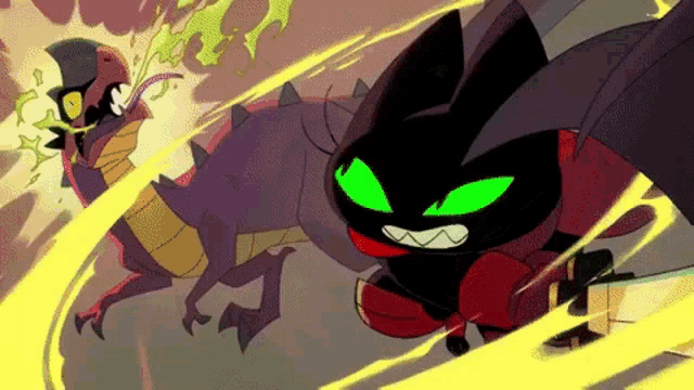 a black cat with green eyes is fighting a purple dragon .