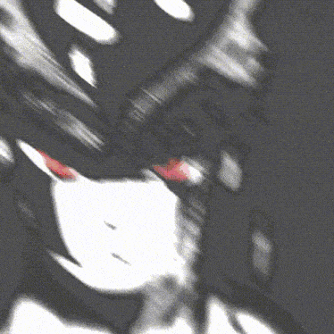a black and white drawing of a person 's face with red eyes