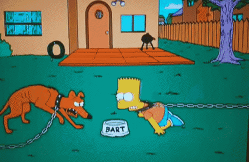 bart simpson is chained to a dog with a bowl that says bart