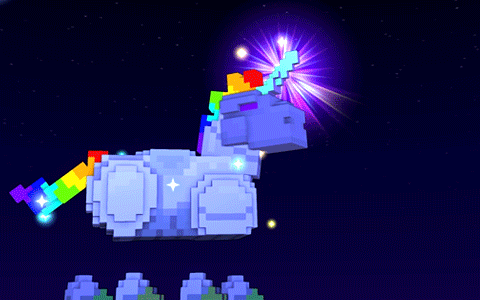 a pixelated unicorn with a rainbow mane and tail is flying through the air
