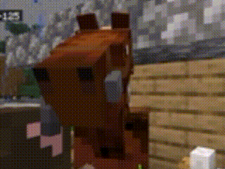 a minecraft horse is standing in front of a brick wall in a room .
