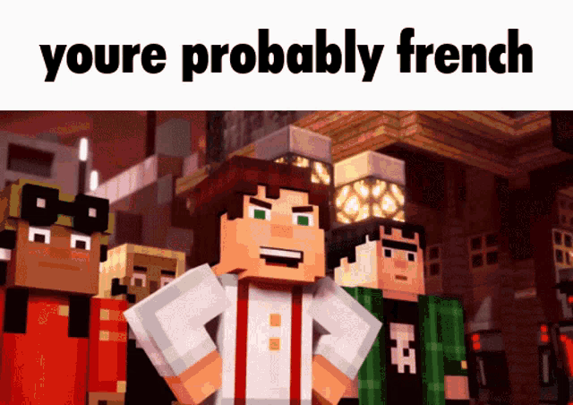 a group of minecraft characters are standing in front of a sign that says you 're probably french