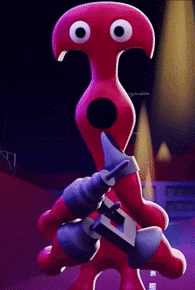 a red cartoon character is holding a sword and pointing at something
