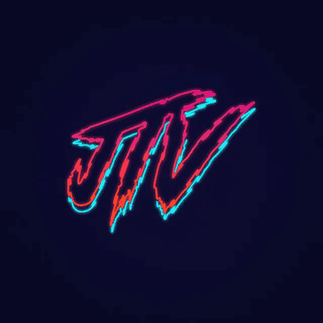 a neon sign that says jtv on a dark blue background