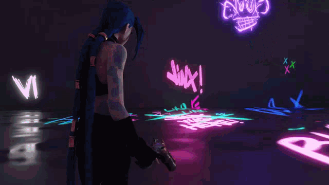 a woman with long blue hair is standing in front of a wall that says jinx was here