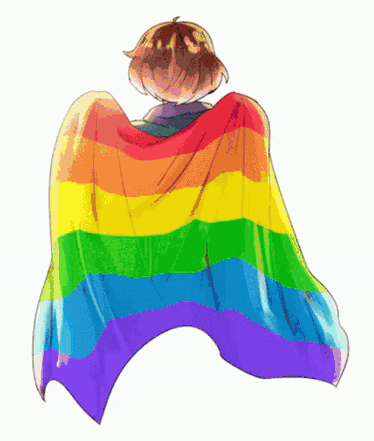 a drawing of a person wearing a cape with a bisexual flag on it