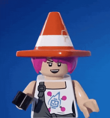 a lego girl with pink hair is wearing an orange and white traffic cone hat .
