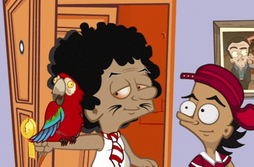 a cartoon of a man holding a red parrot