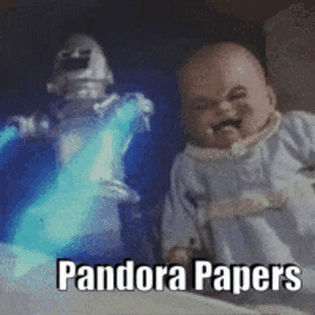 a baby sitting next to a robot with the words pandora papers written on the bottom