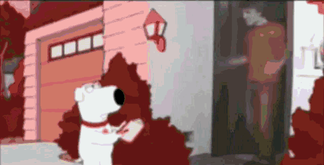 a cartoon of a dog standing in front of a garage