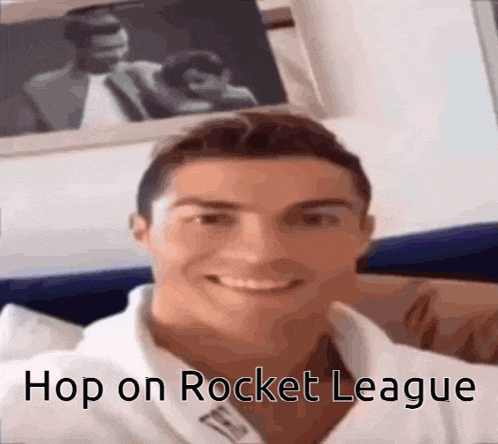 a picture of a man with the words hop on rocket league on it