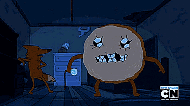 a cartoon of a dog and a cartoon character with cn on the bottom