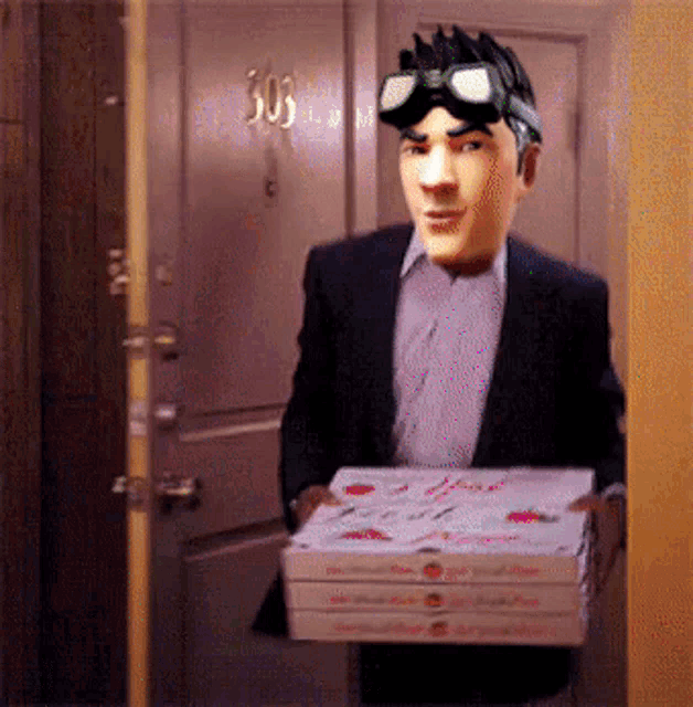 a man in a suit is carrying a stack of pizza boxes