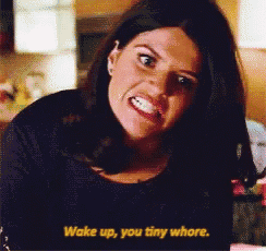 a woman says wake up you tiny whore in a kitchen