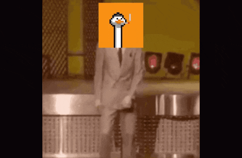 a man in a suit and tie is standing in front of a pixelated image of an ostrich