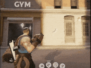 a video game character is standing in front of a gym sign