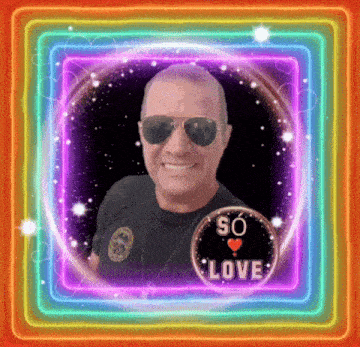 a man wearing sunglasses is in a neon frame with the words so love on it