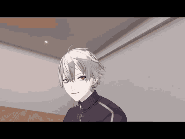 a boy with white hair and red eyes is standing in a room
