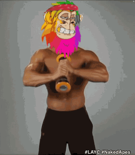 a shirtless man with a rainbow haired monkey on his head holding a dumbbell