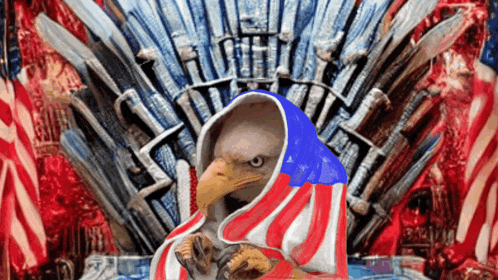 an eagle wrapped in an american flag is sitting in a throne