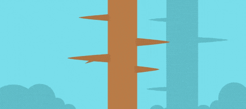 a cartoon character wearing a red and white hat is flying through the air between two trees