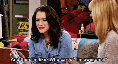 two women are sitting on a couch and one of them is saying " and then i 'm like " who cares ?