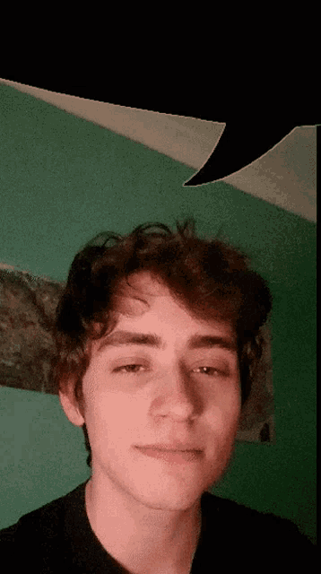 a close up of a young man 's face with a green wall in the background