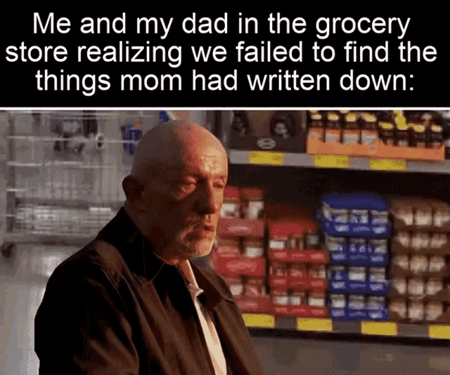a bald man sitting in front of a grocery shelf with a caption that says me and my dad