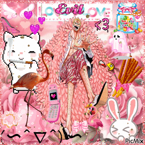 a picture of a flamingo and a man with the words evil love on it