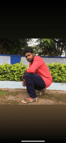 a man in a red shirt is squatting down in front of a bush