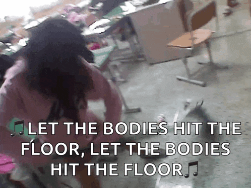 a girl is dancing in a classroom with the words let the bodies hit the floor let the bodies hit the floor