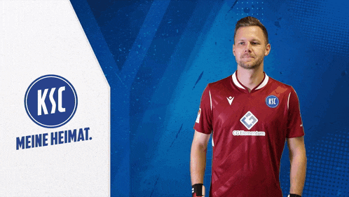 a man stands in front of a sign that says ksc meine heimat