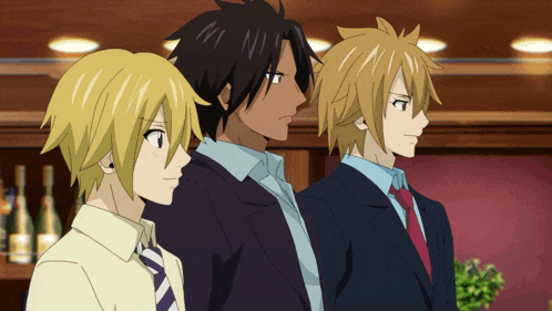 three anime characters are standing next to each other in suits and ties